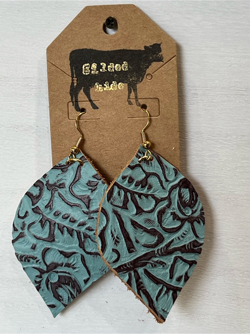 Teal Floral Stamped Leather Teardrop Earrings with Gold Hooks